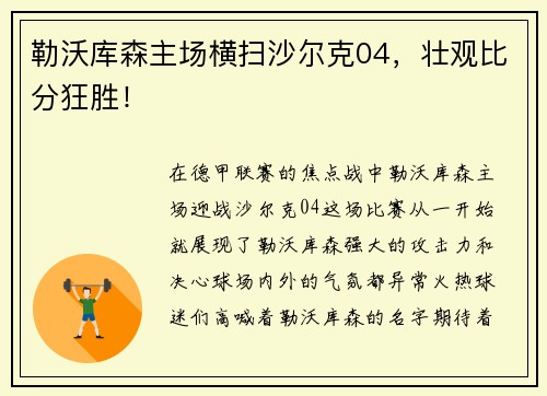 勒沃库森主场横扫沙尔克04，壮观比分狂胜！