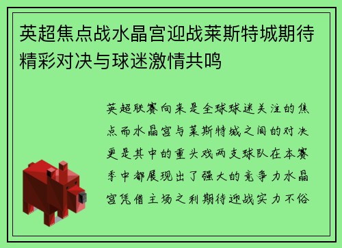 英超焦点战水晶宫迎战莱斯特城期待精彩对决与球迷激情共鸣