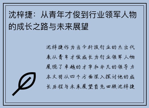 沈梓捷：从青年才俊到行业领军人物的成长之路与未来展望