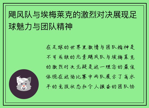 飓风队与埃梅莱克的激烈对决展现足球魅力与团队精神