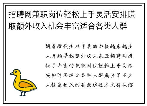 招聘网兼职岗位轻松上手灵活安排赚取额外收入机会丰富适合各类人群